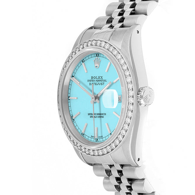 Rolex Datejust 36mm STAINLESS STEEL 16234 Tiffany Blue Dial | Stick Hour Markers | 1.8ct Diamond Bezel