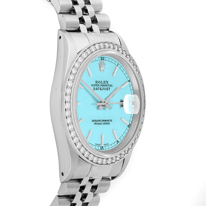 Rolex Datejust 36mm STAINLESS STEEL 16234 Tiffany Blue Dial | Stick Hour Markers | 1.8ct Diamond Bezel