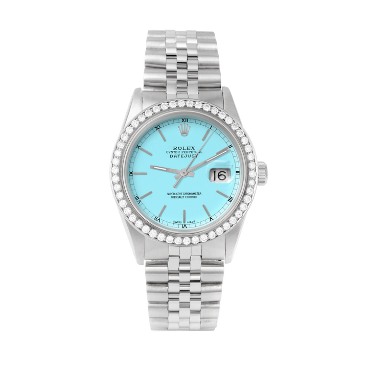 Rolex Datejust 36mm STAINLESS STEEL 16234 Tiffany Blue Dial | Stick Hour Markers | 1.8ct Diamond Bezel