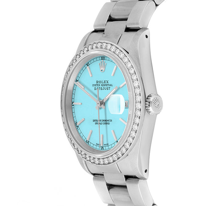 Rolex Datejust 36mm STAINLESS STEEL 16234 Tiffany Blue Dial | Stick Hour Markers, 1.8ct Diamond Bezel