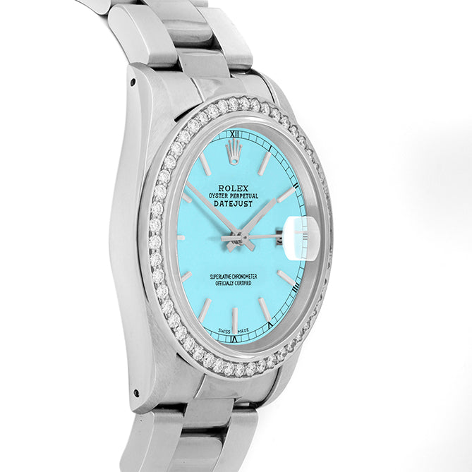 Rolex Datejust 36mm STAINLESS STEEL 16234 Tiffany Blue Dial | Stick Hour Markers, 1.8ct Diamond Bezel