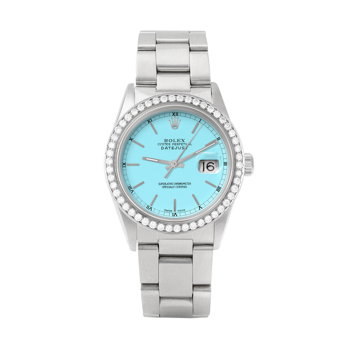 Rolex Datejust 36mm STAINLESS STEEL 16234 Tiffany Blue Dial | Stick Hour Markers, 1.8ct Diamond Bezel