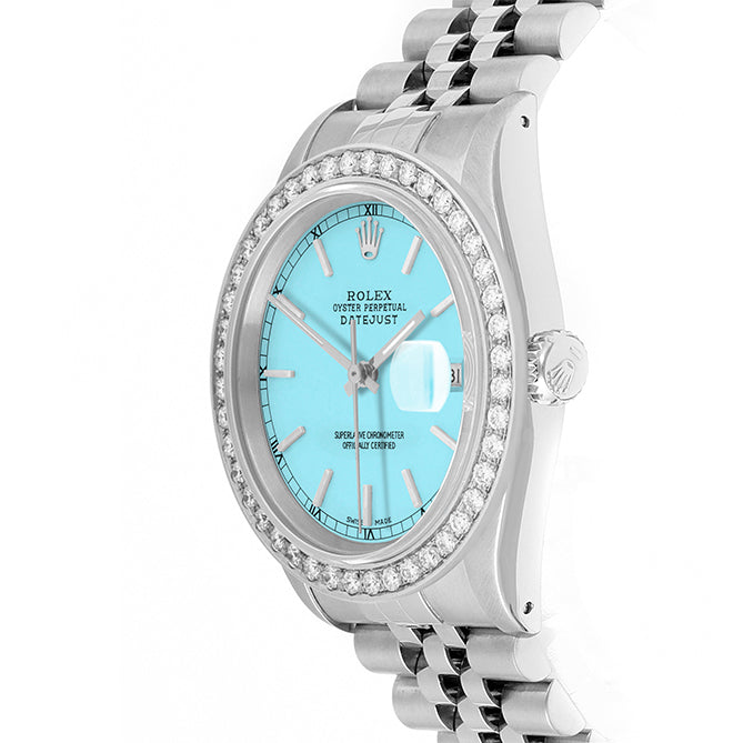Rolex Datejust 36mm STAINLESS STEEL 16234 Tiffany blue  Dial | Sticks Hour Markers, 2 ct Diamond Bezel