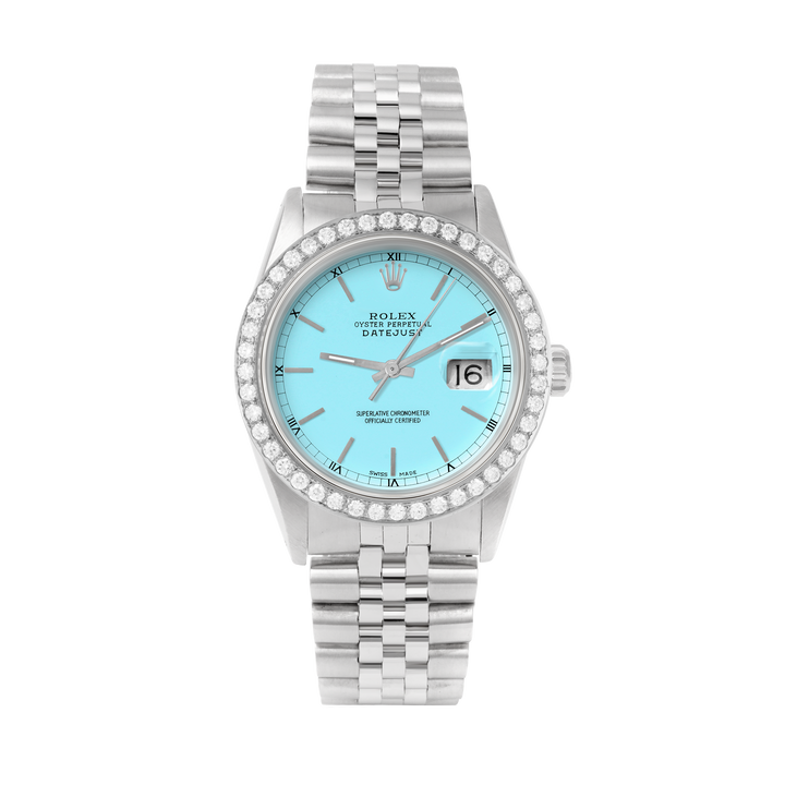 Rolex Datejust 36mm STAINLESS STEEL 16234 Tiffany blue  Dial | Sticks Hour Markers, 2 ct Diamond Bezel