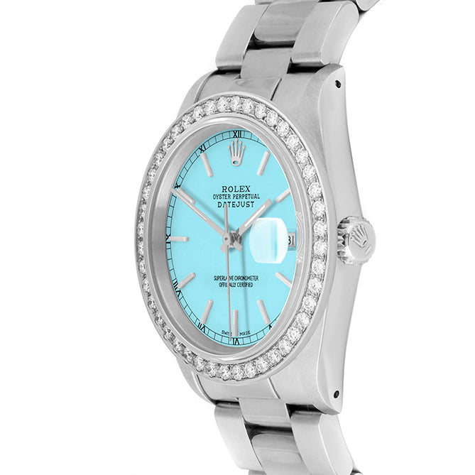 Rolex Datejust 36mm STAINLESS STEEL 16234 Tiffany blue  Dial | Sticks Hour Markers, 2 ct Diamond Bezel