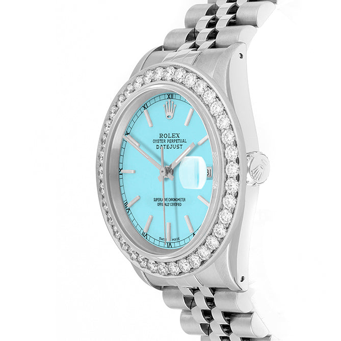 Rolex Datejust 36mm STAINLESS STEEL 16234 Tiffany Blue Dial | Stick Hour Markers, 2.5 ct Diamond Bezel