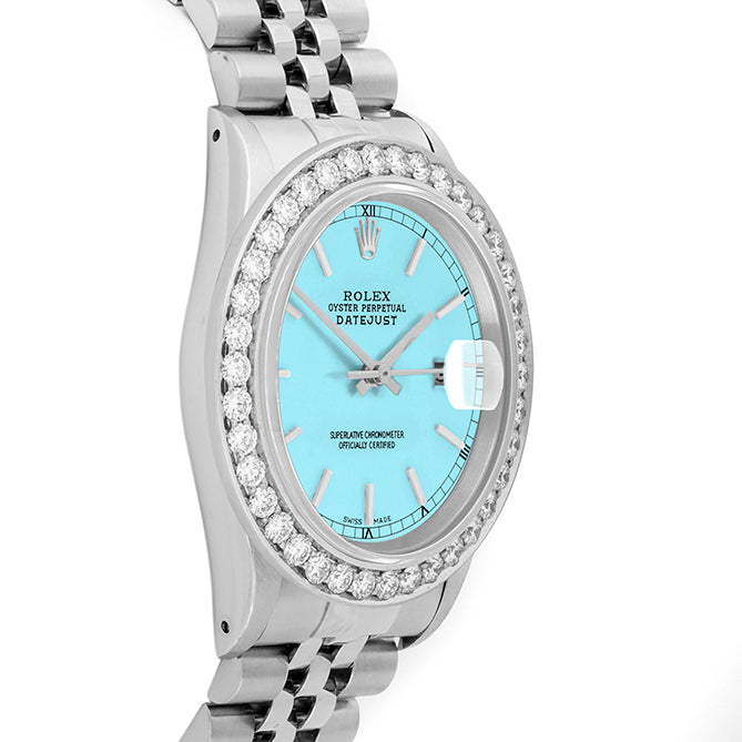 Rolex Datejust 36mm STAINLESS STEEL 16234 Tiffany Blue Dial | Stick Hour Markers, 2.5 ct Diamond Bezel