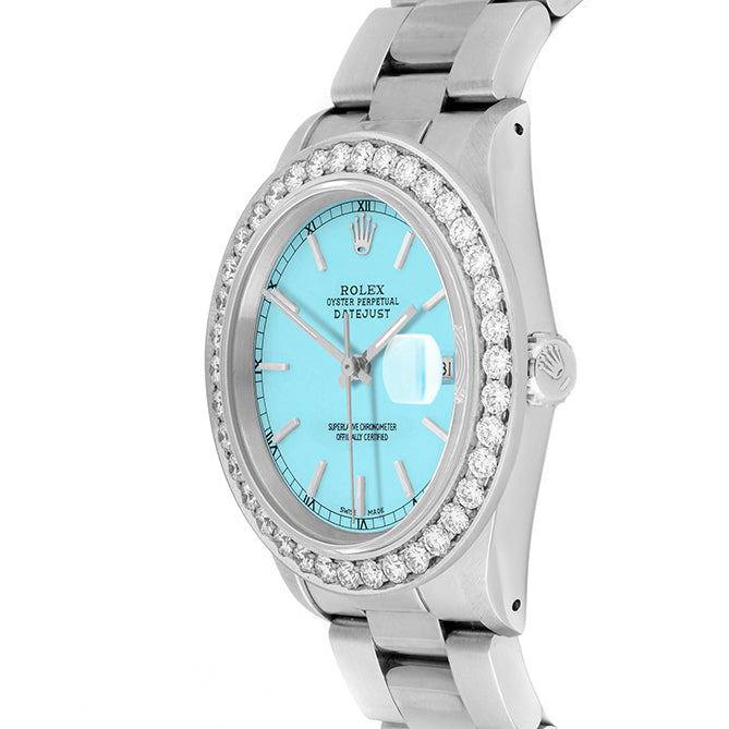Rolex Datejust 36mm STAINLESS STEEL 16234 Tiffany Blue Dial | Stick Hour Markers, 2.5 ct Diamond Bezel