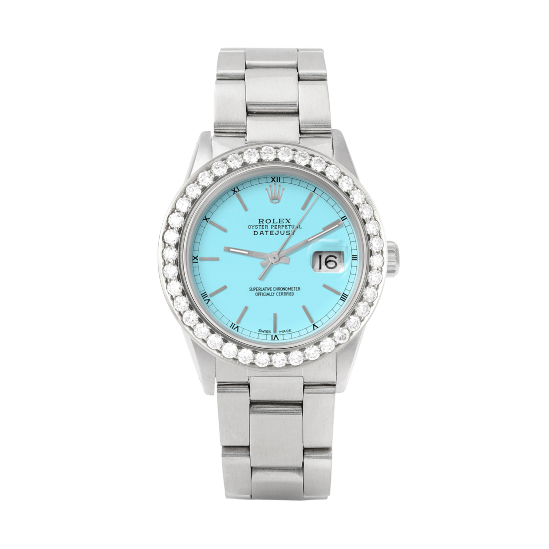 Rolex Datejust 36mm STAINLESS STEEL 16234 Tiffany Blue Dial | Stick Hour Markers, 2.5 ct Diamond Bezel