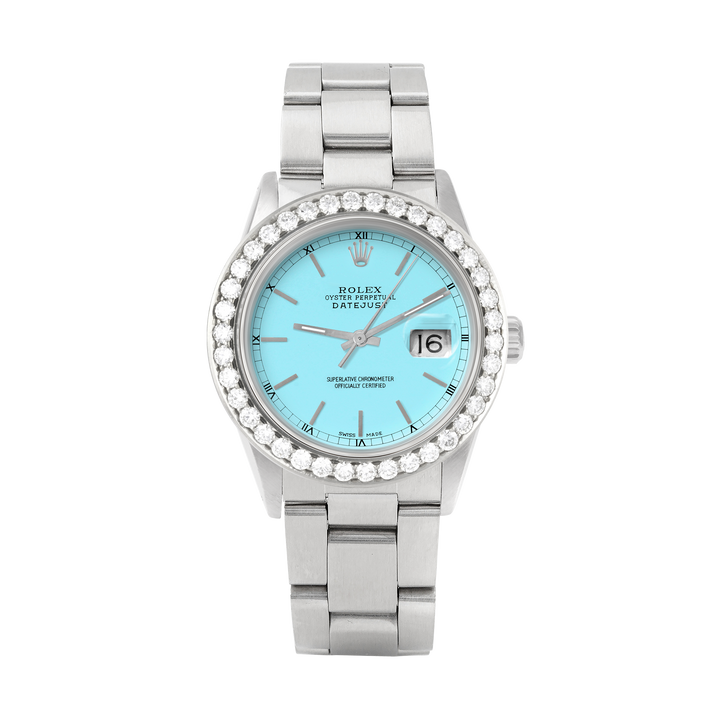 Rolex Datejust 36mm STAINLESS STEEL 16234 Tiffany Blue Dial | Stick Hour Markers, 2.5 ct Diamond Bezel