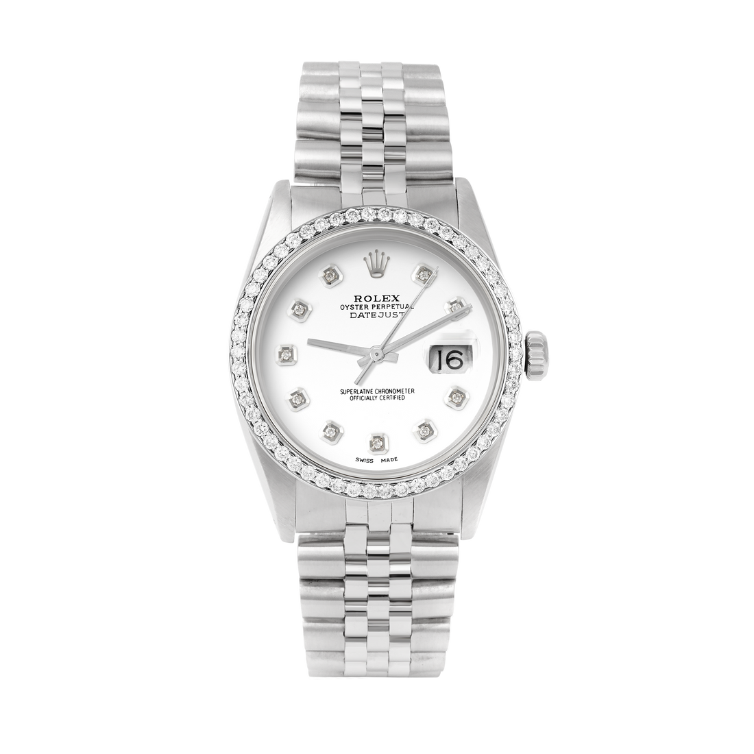 Rolex Datejust 36mm STAINLESS STEEL 16234 White Dial | Diamond Hour Markers, 1ct Diamond Bezel