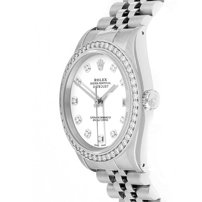 Rolex Datejust 36mm STAINLESS STEEL 16234 White Dial | Diamond Hour Markers, 1.8 ct Diamond Bezel