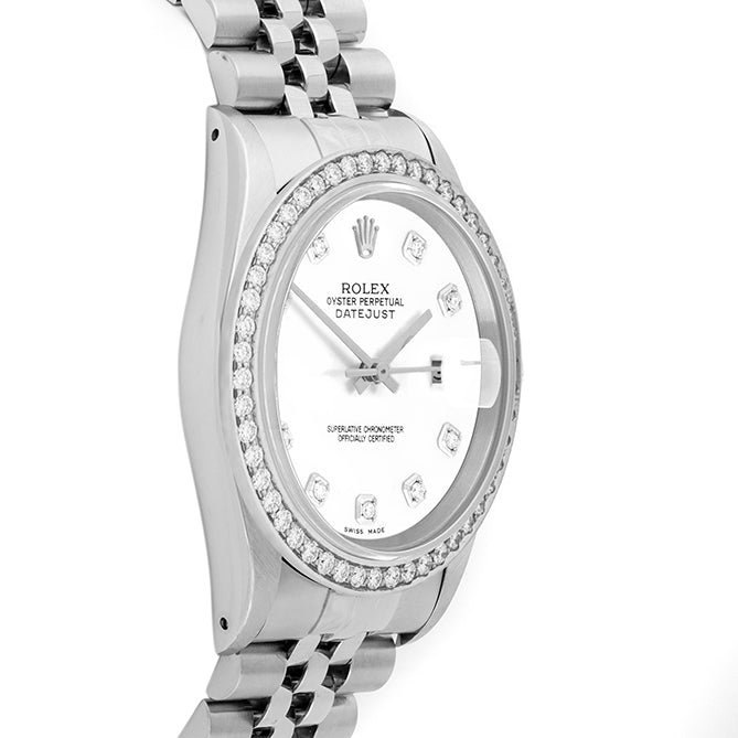 Rolex Datejust 36mm STAINLESS STEEL 16234 White Dial | Diamond Hour Markers, 1.8 ct Diamond Bezel