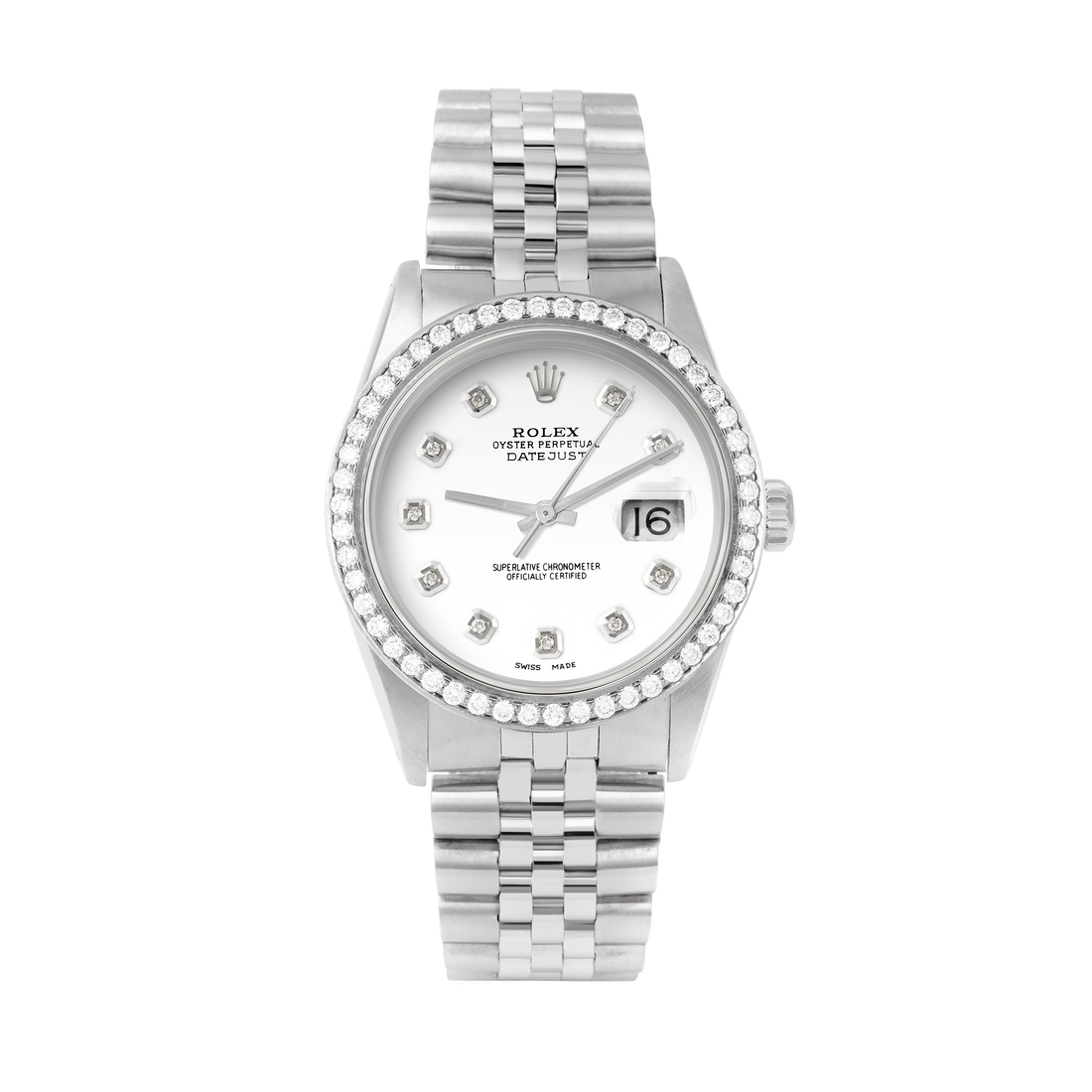 Rolex Datejust 36mm STAINLESS STEEL 16234 White Dial | Diamond Hour Markers, 1.8 ct Diamond Bezel