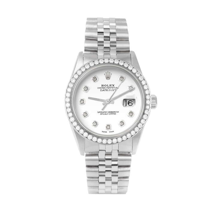 Rolex Datejust 36mm STAINLESS STEEL 16234 White Dial | Diamond Hour Markers, 1.8 ct Diamond Bezel