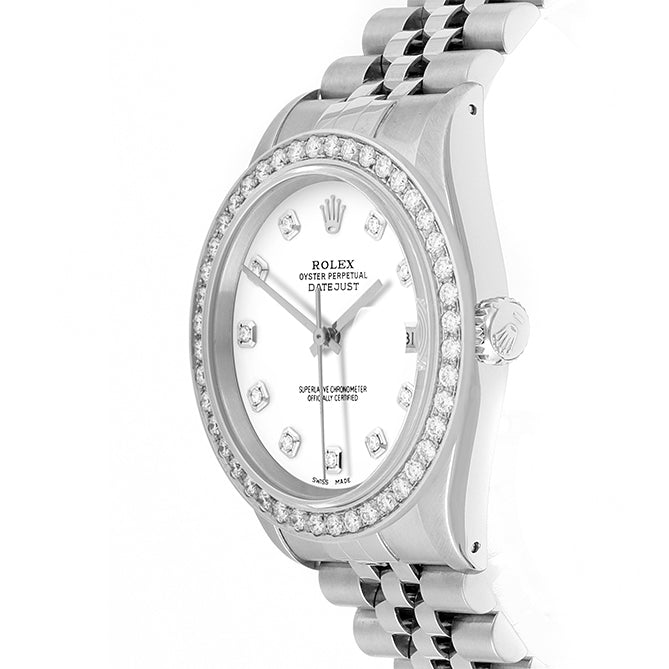 Rolex Datejust 36mm STAINLESS STEEL 16234 White Dial | Diamond Hour Markers, 2 ct Diamond Bezel
