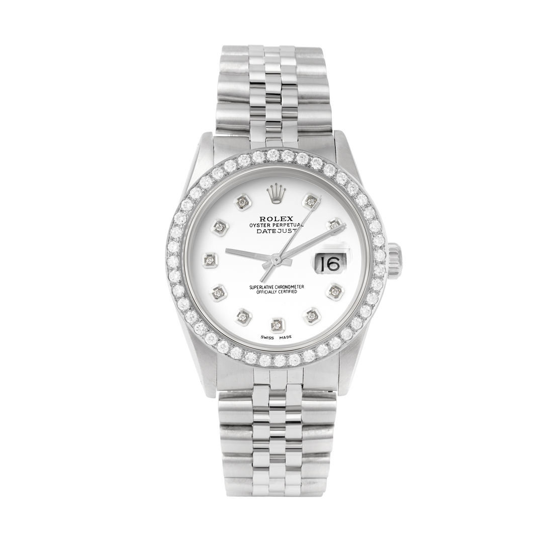 Rolex Datejust 36mm STAINLESS STEEL 16234 White Dial | Diamond Hour Markers, 2 ct Diamond Bezel