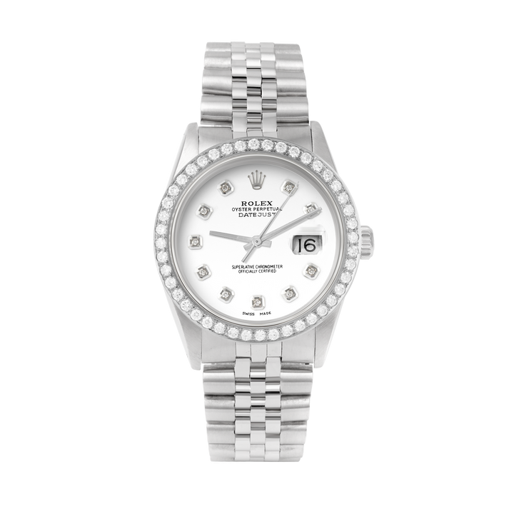 Rolex Datejust 36mm STAINLESS STEEL 16234 White Dial | Diamond Hour Markers, 2 ct Diamond Bezel