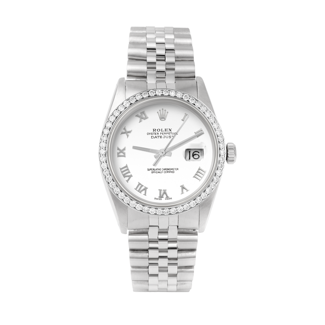 Rolex Datejust 36mm STAINLESS STEEL 16234 White  Dial | Roman Hour Markers | 1 ct Diamond Bezel