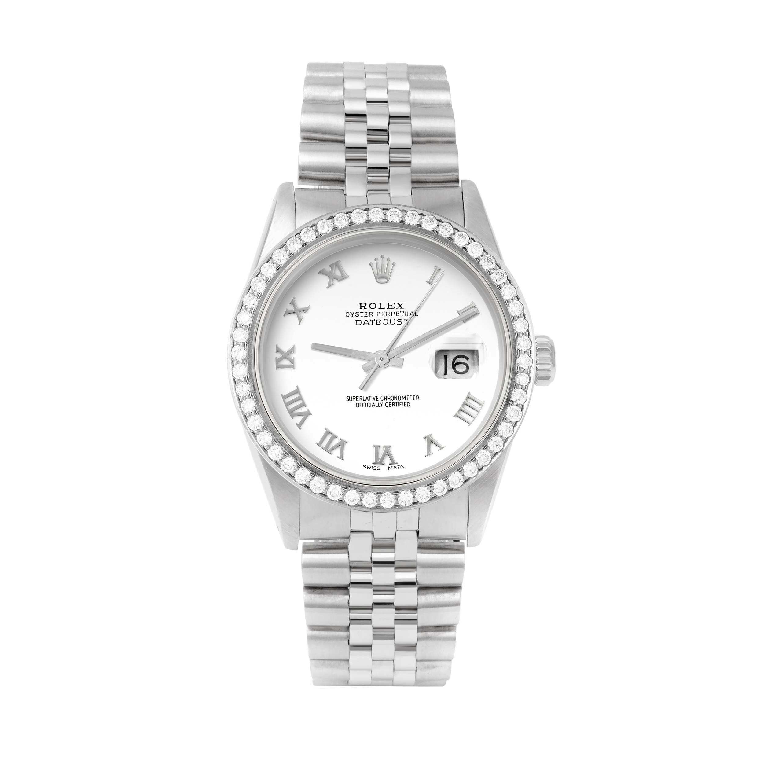 Rolex Datejust 36mm STAINLESS STEEL 16234 White Dial | Roman Hour Markers, 1.8 ct Diamond Bezel