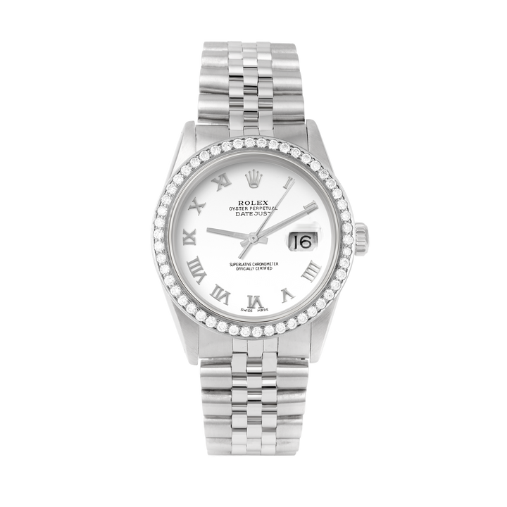 Rolex Datejust 36mm STAINLESS STEEL 16234 White Dial | Roman Hour Markers, 1.8 ct Diamond Bezel