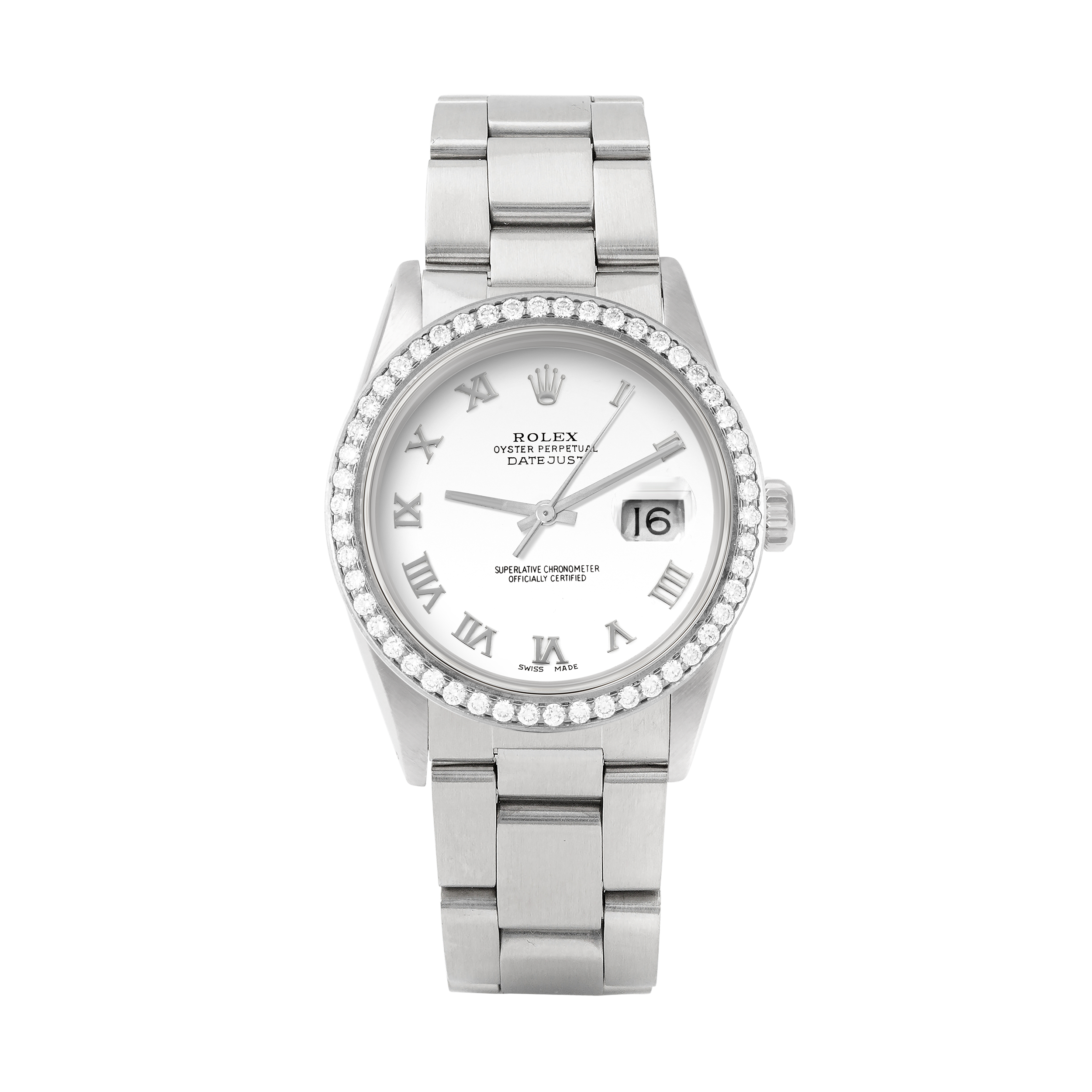 Rolex Datejust 36mm STAINLESS STEEL 16234 White Dial | Roman Hour Markers, 1.8 ct Diamond Bezel
