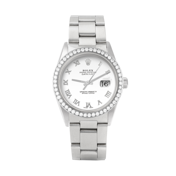 Rolex Datejust 36mm STAINLESS STEEL 16234 White Dial | Roman Hour Markers, 1.8 ct Diamond Bezel