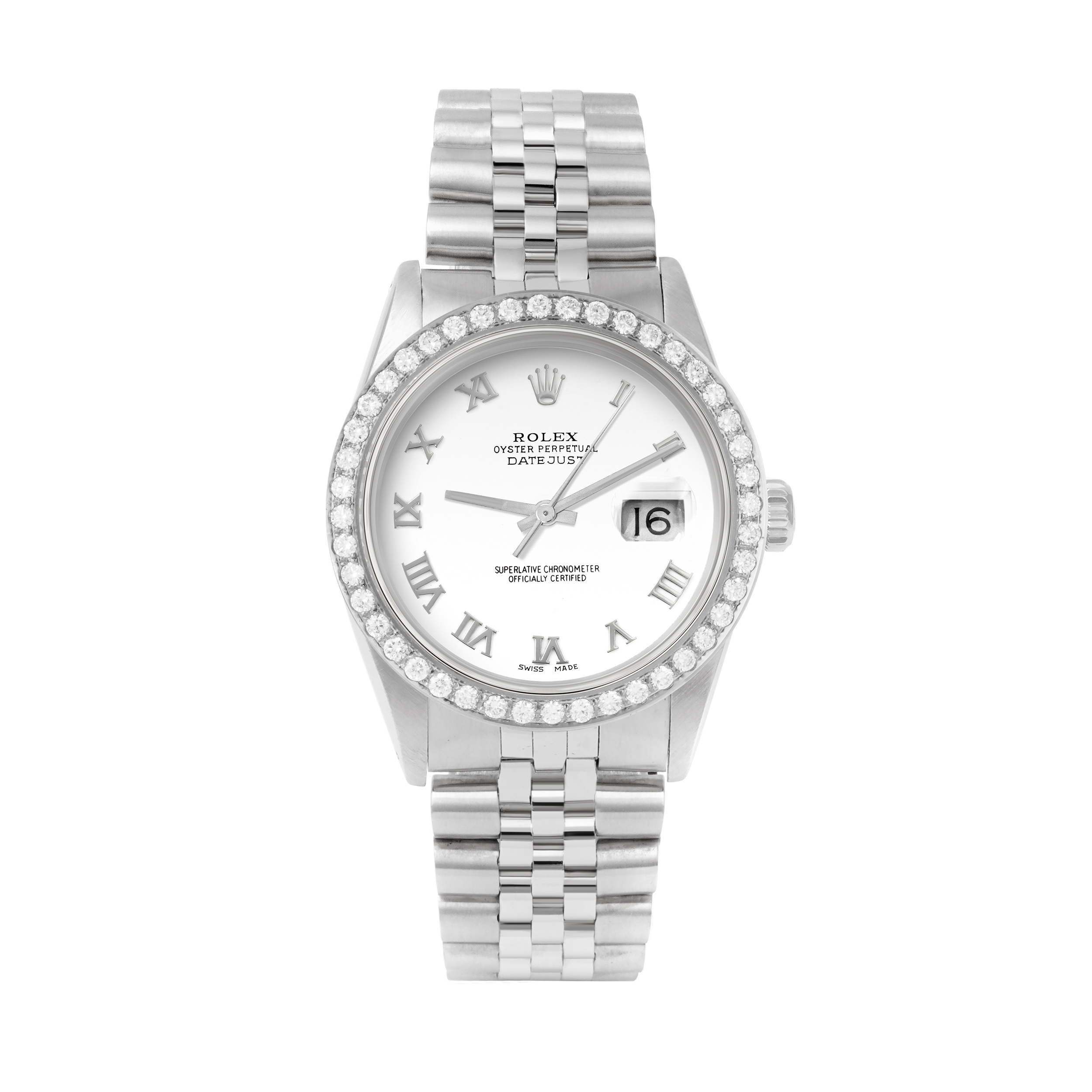 Rolex Datejust 36mm STAINLESS STEEL 16234 White  Dial | Roman Hour Markers, 2 ct Diamond Bezel
