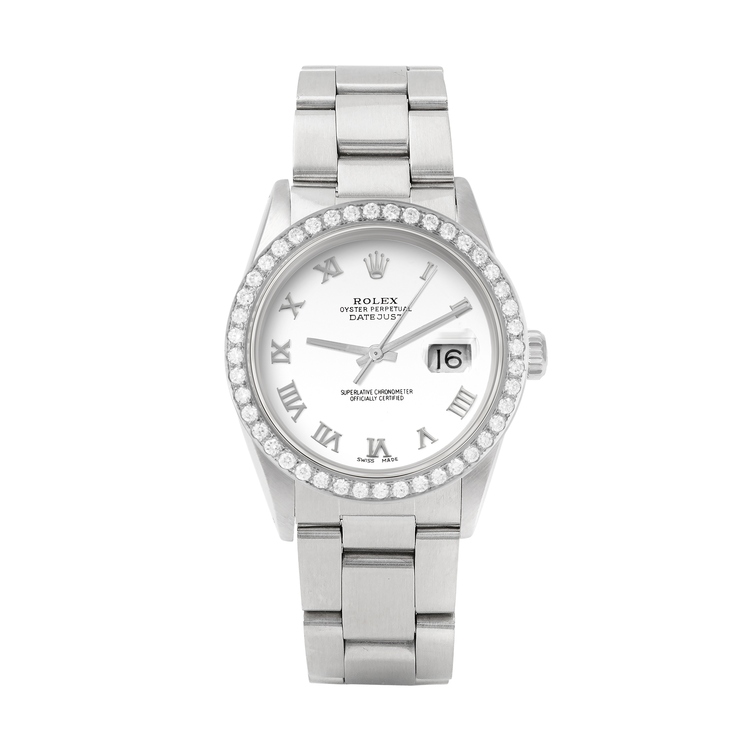 Rolex Datejust 36mm STAINLESS STEEL 16234 White  Dial | Roman Hour Markers, 2 ct Diamond Bezel