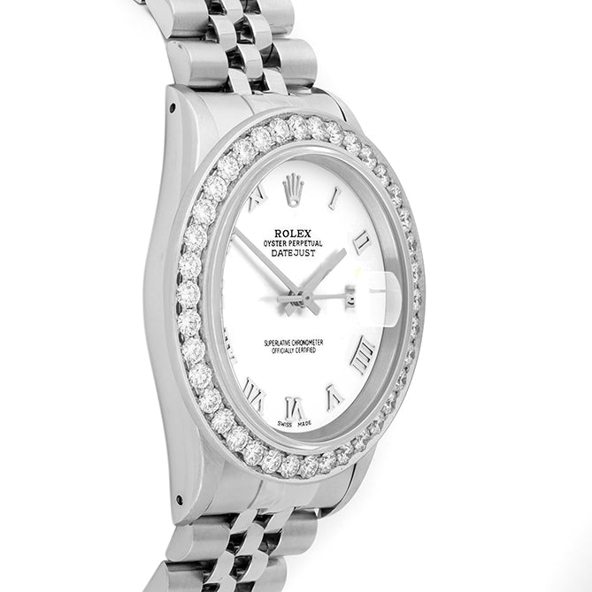 Rolex Datejust 36mm STAINLESS STEEL 16234 White Dial | Roman Hour Markers | 2.5 ct Diamond Bezel