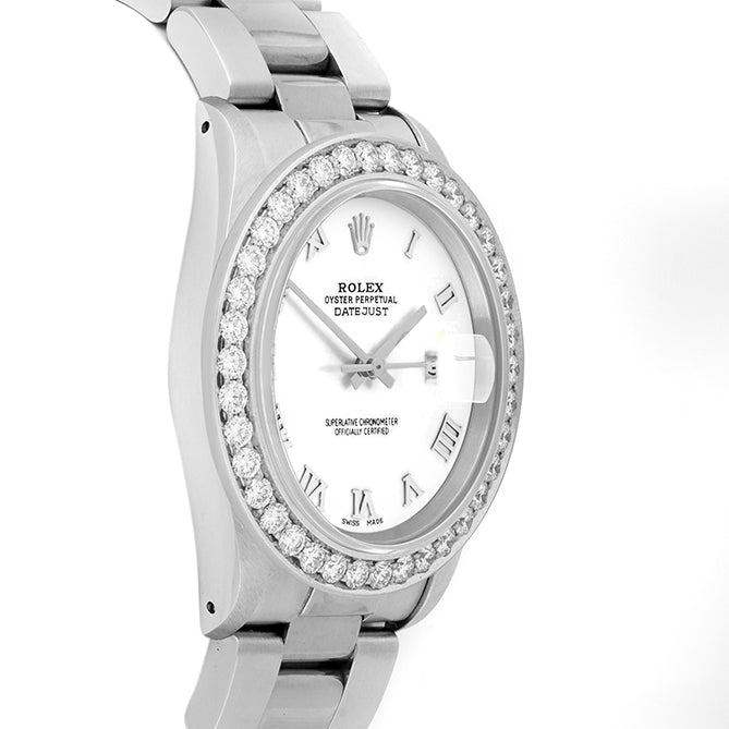 Rolex Datejust 36mm STAINLESS STEEL 16234 White Dial | Roman Hour Markers | 2.5 ct Diamond Bezel