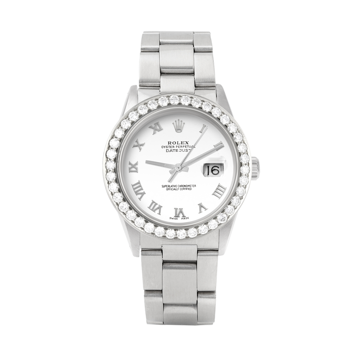 Rolex Datejust 36mm STAINLESS STEEL 16234 White Dial | Roman Hour Markers | 2.5 ct Diamond Bezel