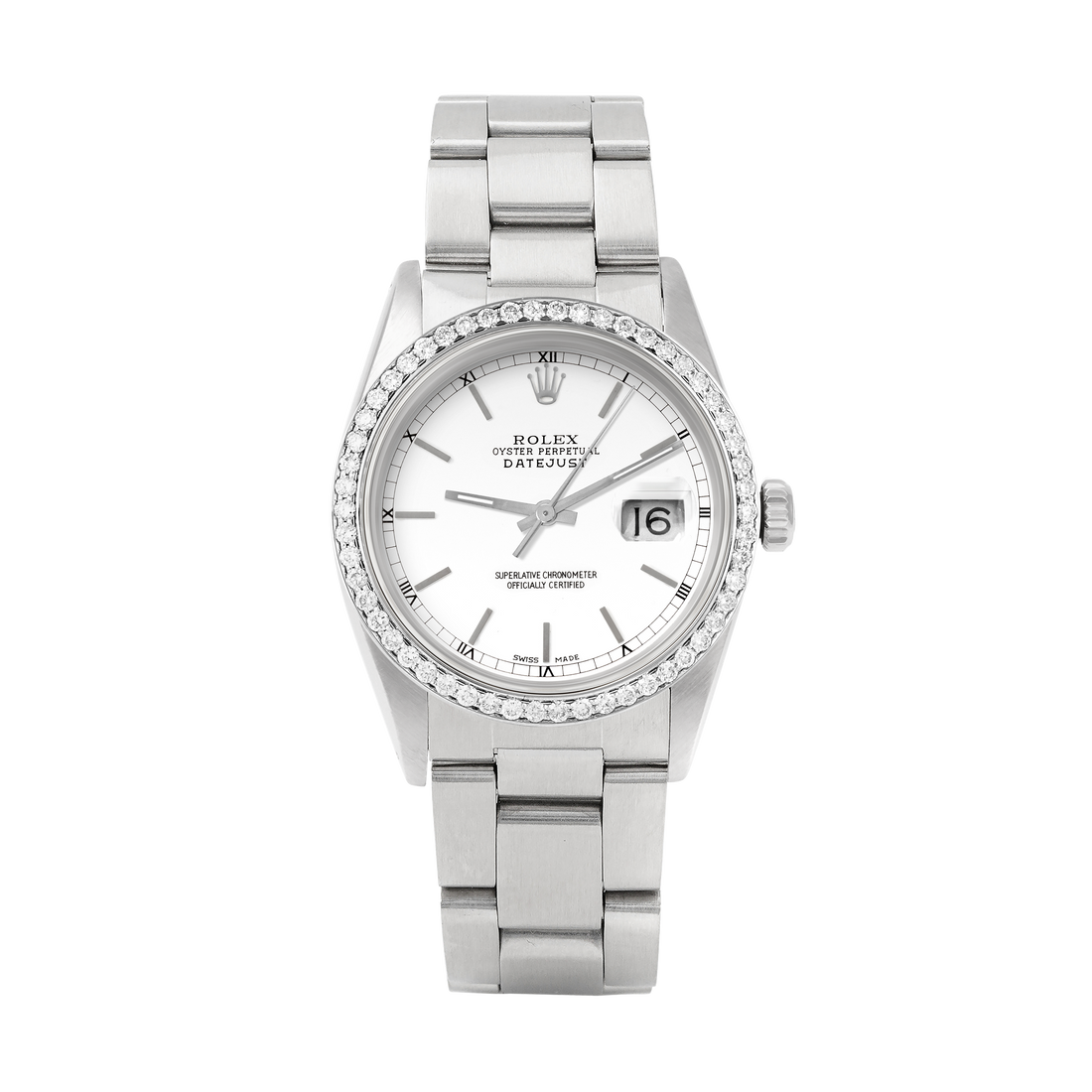 Rolex Datejust 36mm STAINLESS STEEL 16234 White Dial | Sticks Hour Markers, 1 ct Diamond Bezel