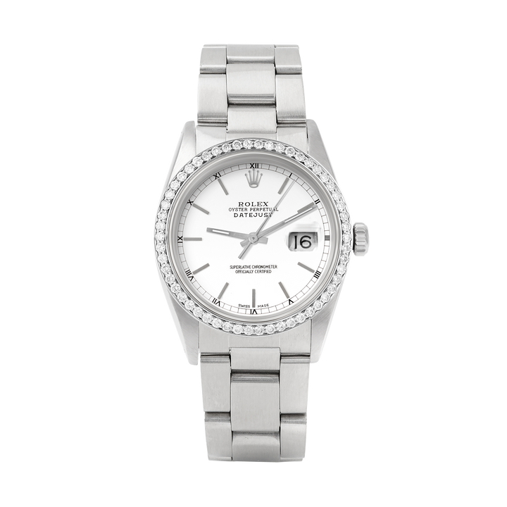 Rolex Datejust 36mm STAINLESS STEEL 16234 White Dial | Sticks Hour Markers, 1 ct Diamond Bezel