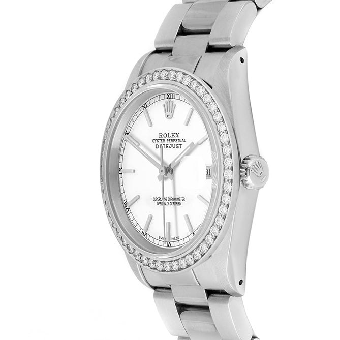 Rolex Datejust 36mm STAINLESS STEEL 16234 White Dial | Stick Hour Markers, 1.8ct Diamond Bezel