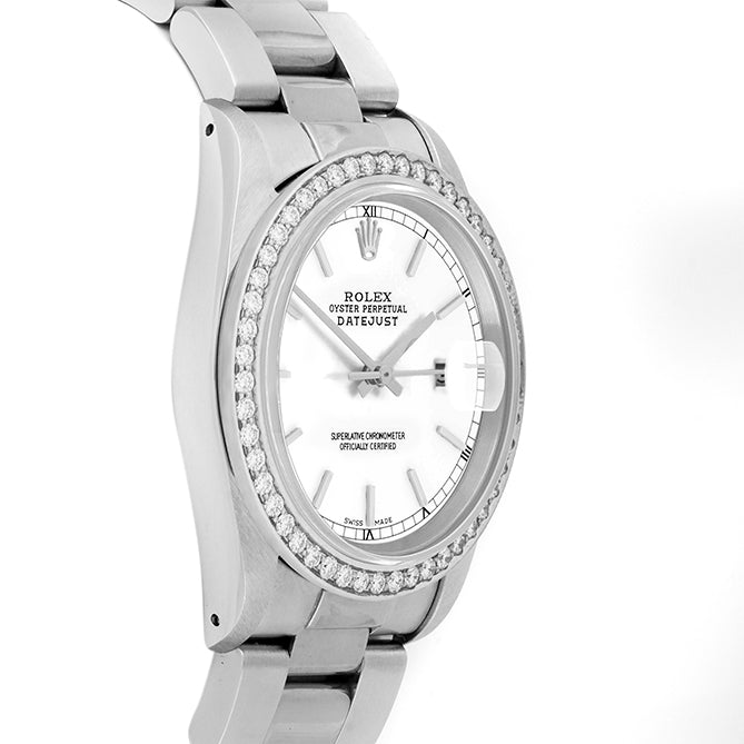 Rolex Datejust 36mm STAINLESS STEEL 16234 White Dial | Stick Hour Markers, 1.8ct Diamond Bezel