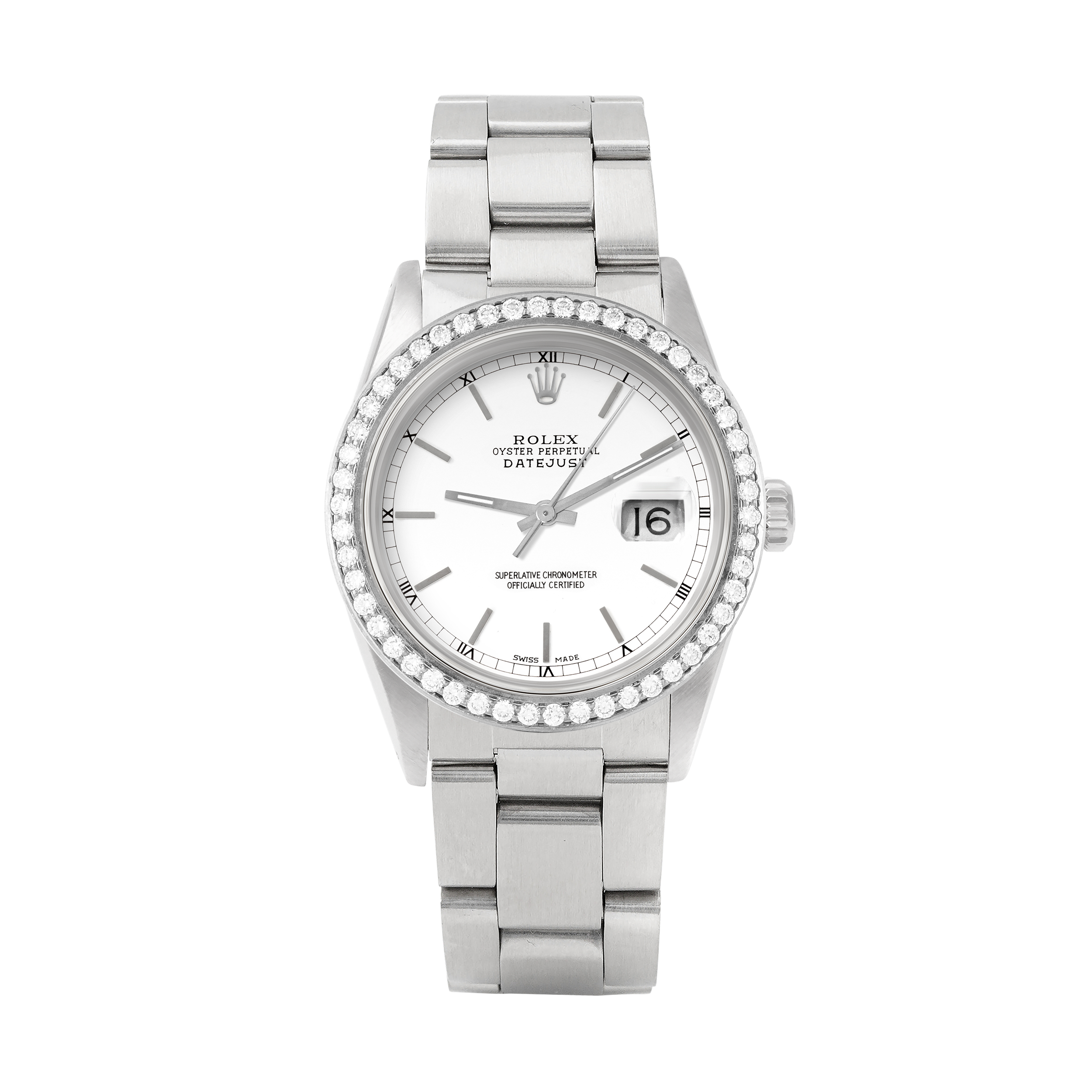 Rolex Datejust 36mm STAINLESS STEEL 16234 White Dial | Stick Hour Markers, 1.8ct Diamond Bezel
