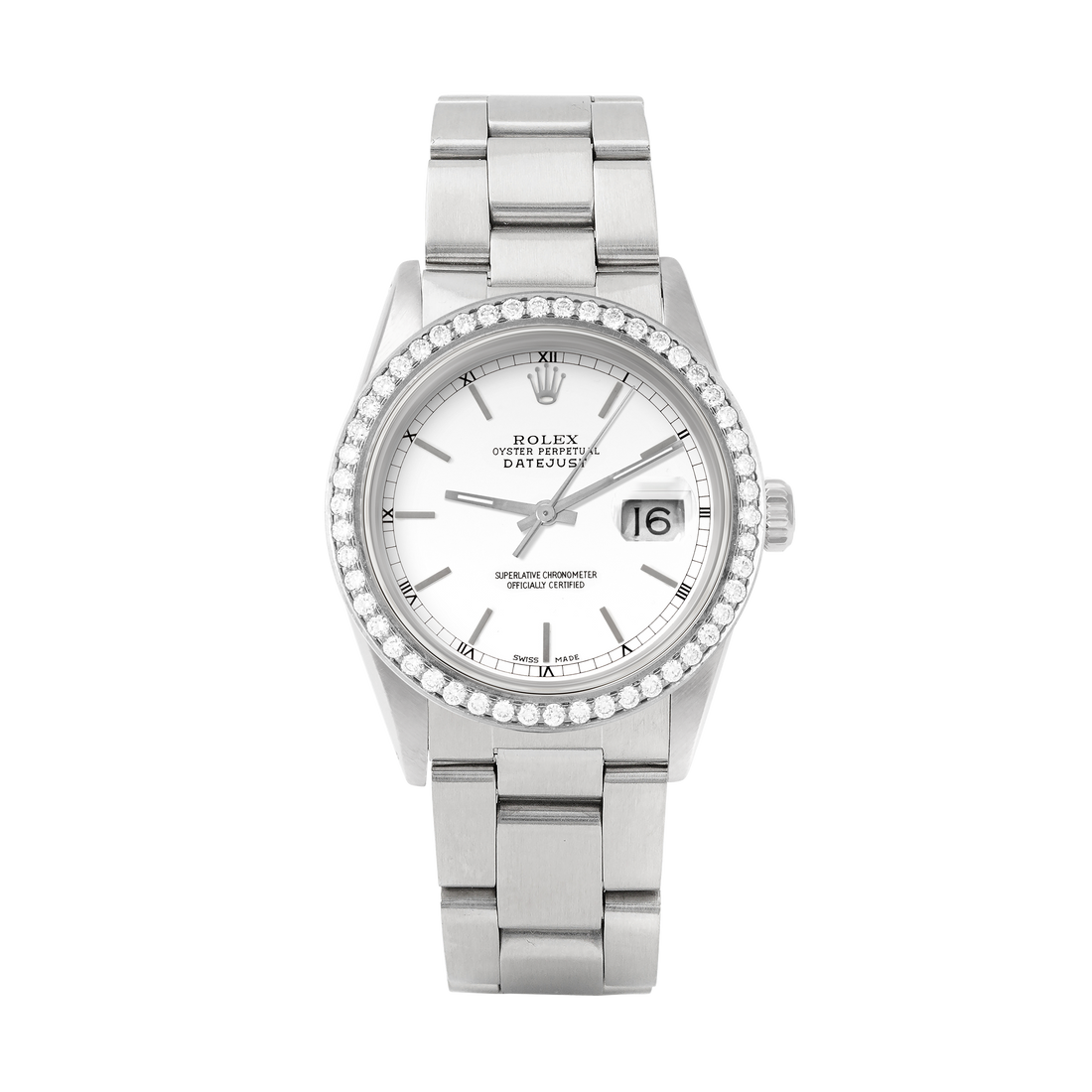 Rolex Datejust 36mm STAINLESS STEEL 16234 White Dial | Stick Hour Markers, 1.8ct Diamond Bezel