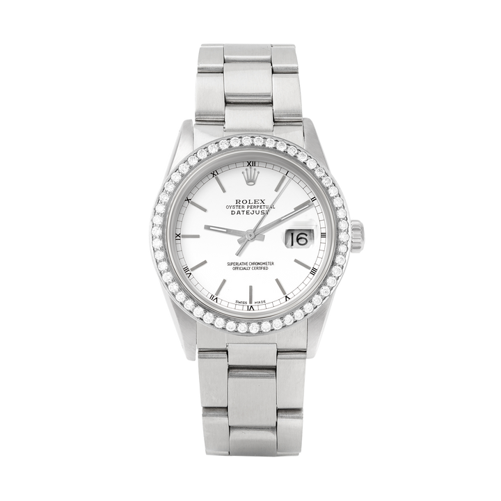 Rolex Datejust 36mm STAINLESS STEEL 16234 White Dial | Stick Hour Markers, 1.8ct Diamond Bezel