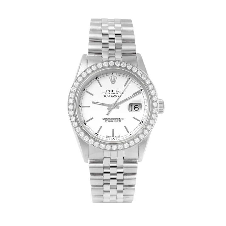 Rolex Datejust 36mm STAINLESS STEEL 16234 White  Dial | Sticks Hour Markers, 2 ct Diamond Bezel