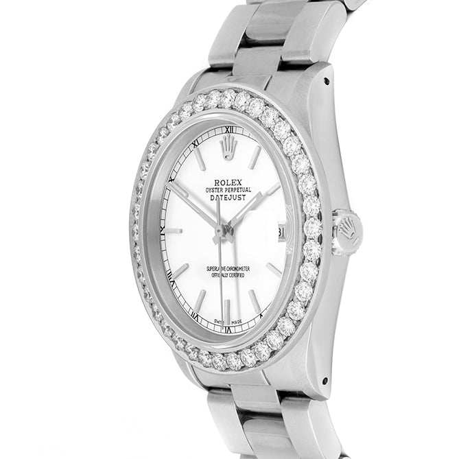 Rolex Datejust 36mm STAINLESS STEEL 16234 White Dial | Stick Hour Markers, 2.5 ct Diamond Bezel