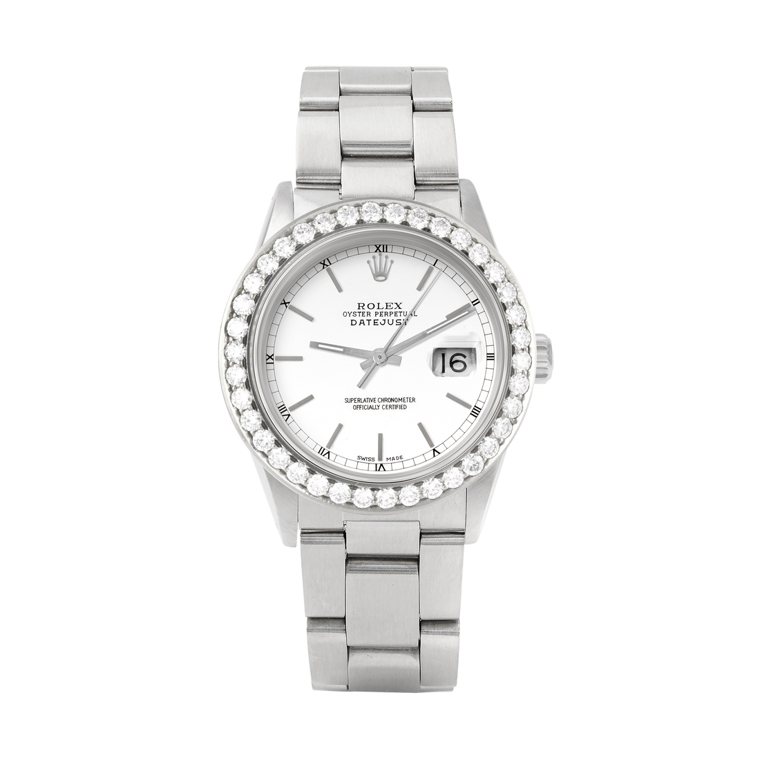 Rolex Datejust 36mm STAINLESS STEEL 16234 White Dial | Stick Hour Markers, 2.5 ct Diamond Bezel