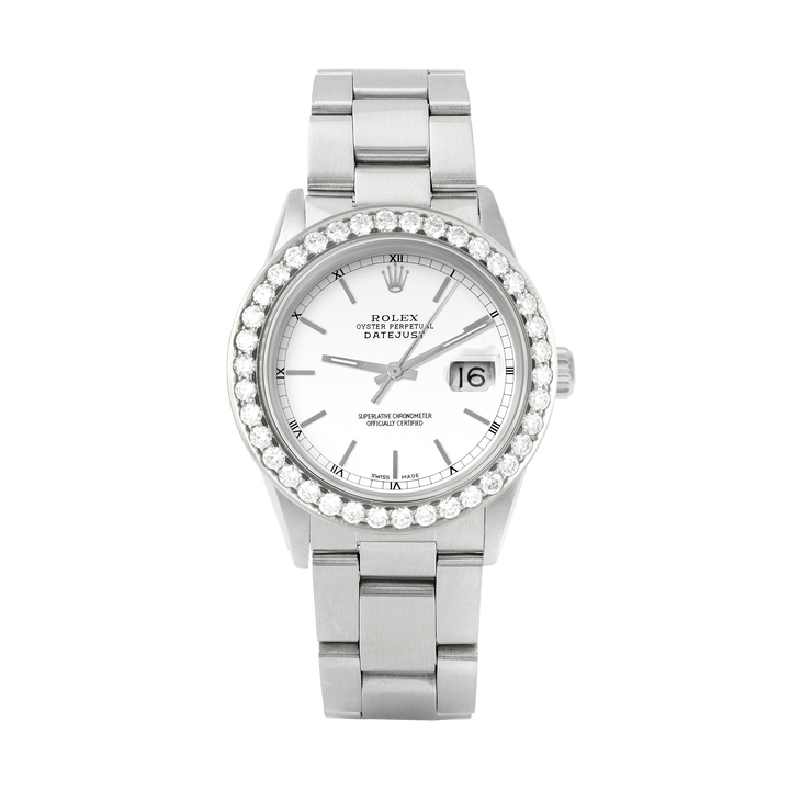 Rolex Datejust 36mm STAINLESS STEEL 16234 White Dial | Stick Hour Markers, 2.5 ct Diamond Bezel
