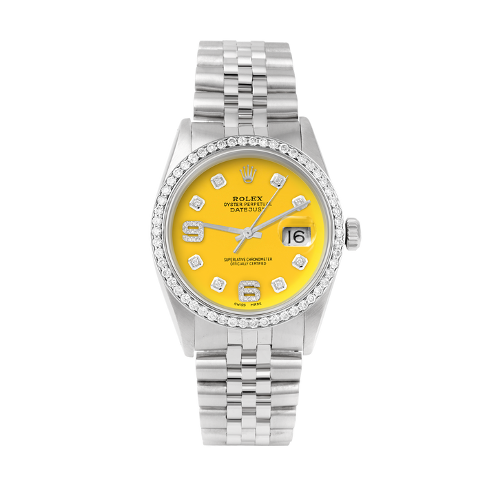 Rolex Datejust 36mm STAINLESS STEEL 16234 Yellow Dial | 6&9 Diamond |Diamond Hour Markers | 1 ct Diamond Bezel
