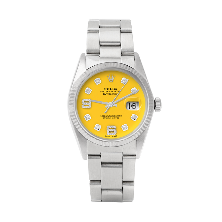 Rolex Datejust 36mm STAINLESS STEEL 16234 Yellow Dial| 6&9 Diamond | Fluted bezel