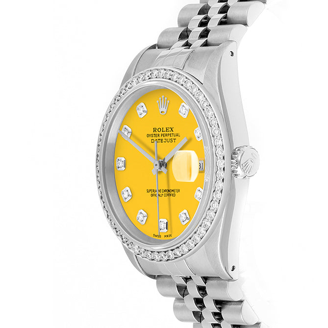 Rolex Datejust 36mm STAINLESS STEEL 16234 Yellow Dial | Diamond Hour Markers, 1ct Diamond Bezel