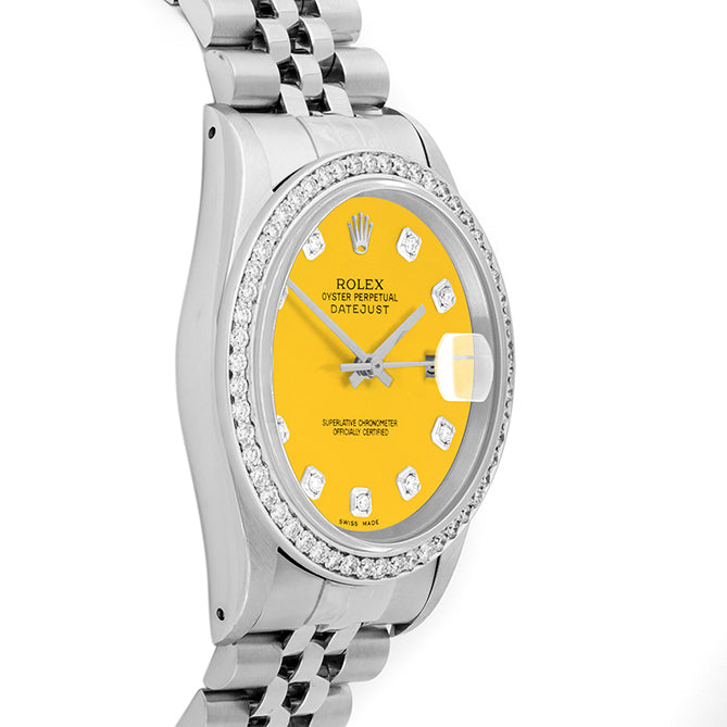 Rolex Datejust 36mm STAINLESS STEEL 16234 Yellow Dial | Diamond Hour Markers, 1ct Diamond Bezel