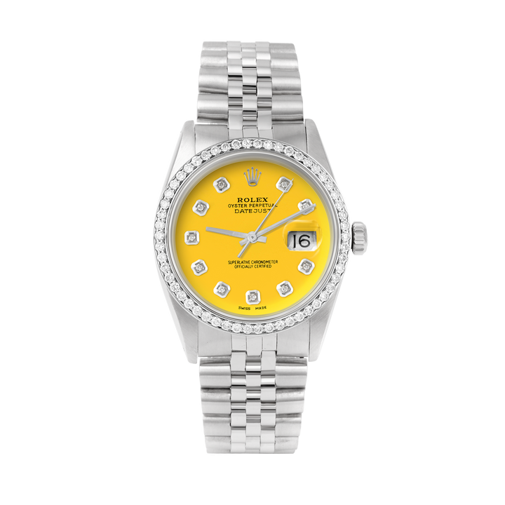 Rolex Datejust 36mm STAINLESS STEEL 16234 Yellow Dial | Diamond Hour Markers, 1ct Diamond Bezel
