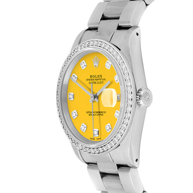 Rolex Datejust 36mm STAINLESS STEEL 16234 Yellow Dial | Diamond Hour Markers, 1ct Diamond Bezel