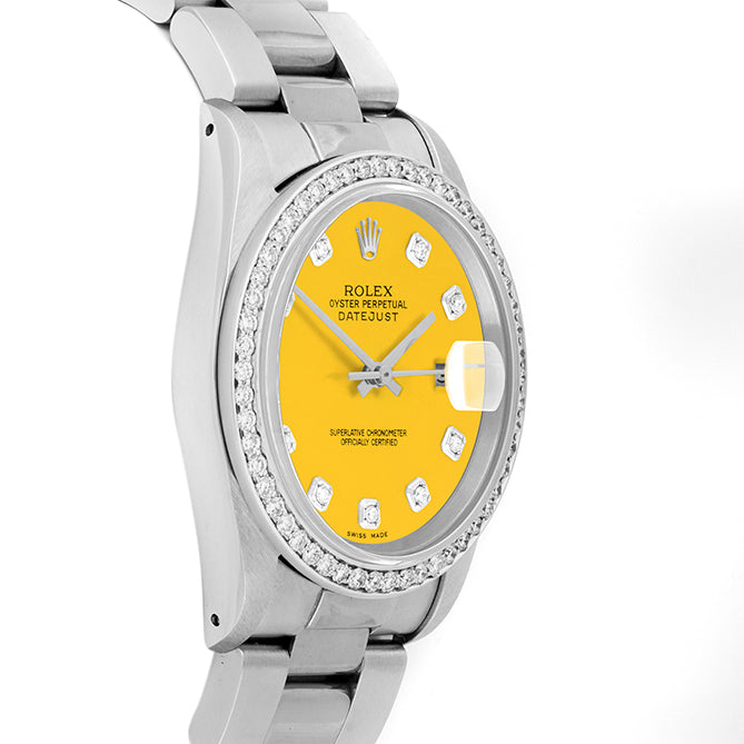 Rolex Datejust 36mm STAINLESS STEEL 16234 Yellow Dial | Diamond Hour Markers, 1ct Diamond Bezel